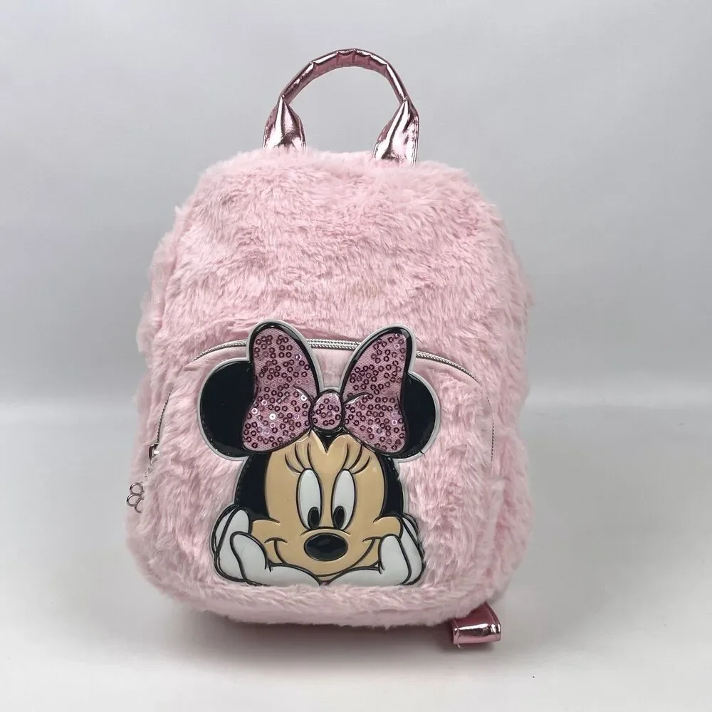 Disney Minnie Mouse Faux Fur Mini Backpack Pink Fuzzy Sequin Bag EUC